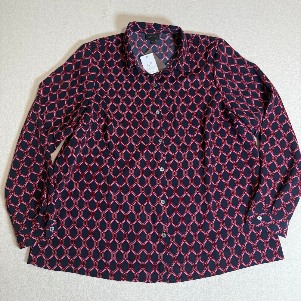 J Jill Wearever Collection Womens L Large Navy Pink Geometric Blouse Top‎